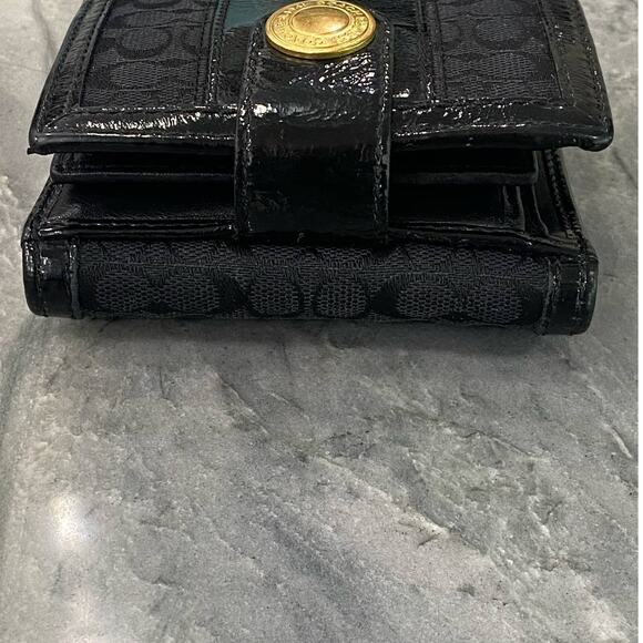 EUC Coach Monogram Canvas Patent Leather Black and Gold Bifold Unisex Wallet - Picture 5 of 16